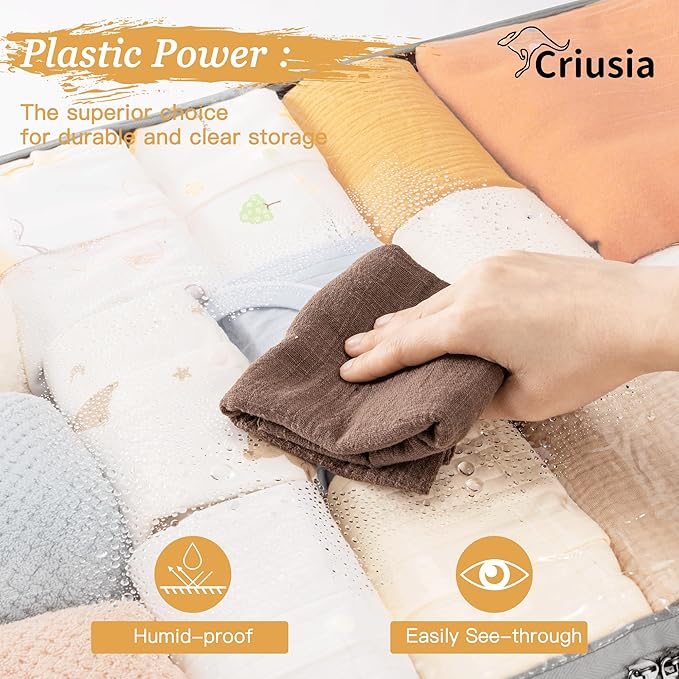 Criusia Under Bed Storage Bins with Clear PVC Lids – 4 Pack Large Underbed Organizers with Heavy-Duty Handles, Reinforced with 800G PP Panels & 80G Non-Woven Fabric – Waterproof & Foldable, Gery-NeatNest