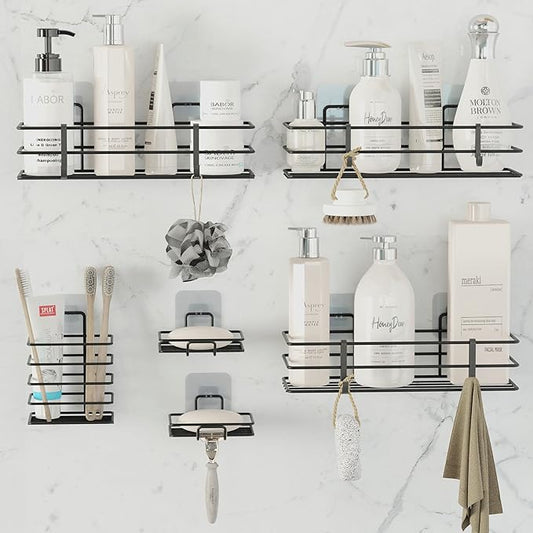 Dekula Adhesive Shower Caddy 6 Pack, Shower Shelves Organizer for Bathroom Storage, Rustproof Stainless Steel Bath Organizers, Kitchen, Adhesive or Screw, Soap Dish, Hooks, Wall Shelf-NeatNest