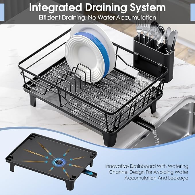 Dish Drainers for Kitchen Counter - Large Capacity Dish Drying Rack with Drainboard, Rustproof & Sturdy Design, Black Dish Rack Perfect for Plates, Cups & Kitchen Countertop Organization
