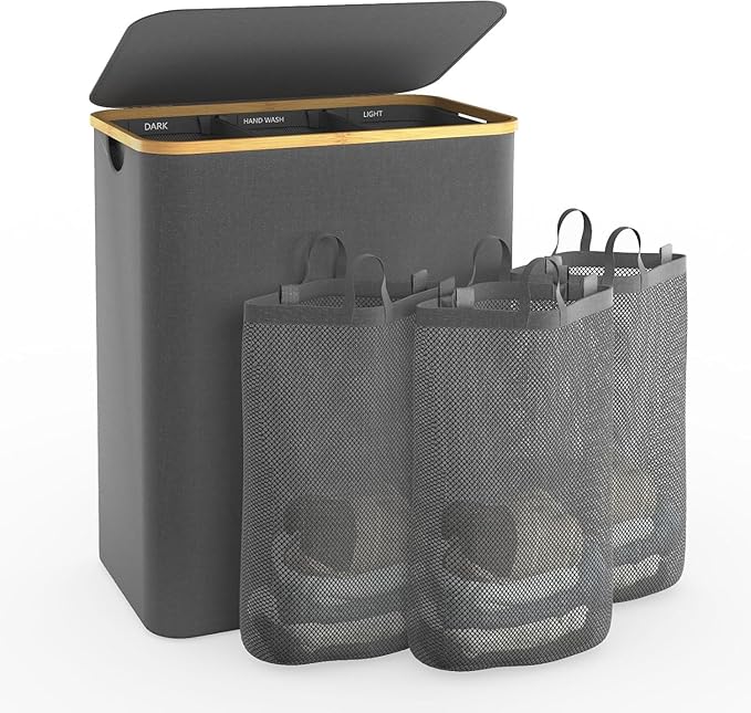 Laundry Hamper with Lid, 145L Extra Large Hamper 3 Section Dirty Clothes Hampers for Divided Basket Organizer for Bedroom, Laundry Room, Grey-NeatNest