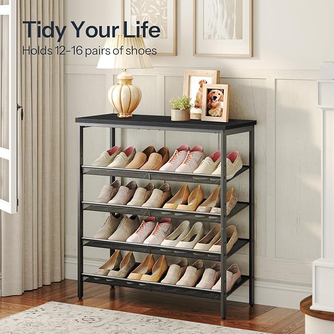HOOBRO Shoe Rack for Entryway, 5-Tier Organizer with Adjustable Mesh Shelves, 16-20 Pairs, Spacious Floor Mount, Metal, Industrial, Closet Shoe Shelf, Black BB12XJ01-NeatNest