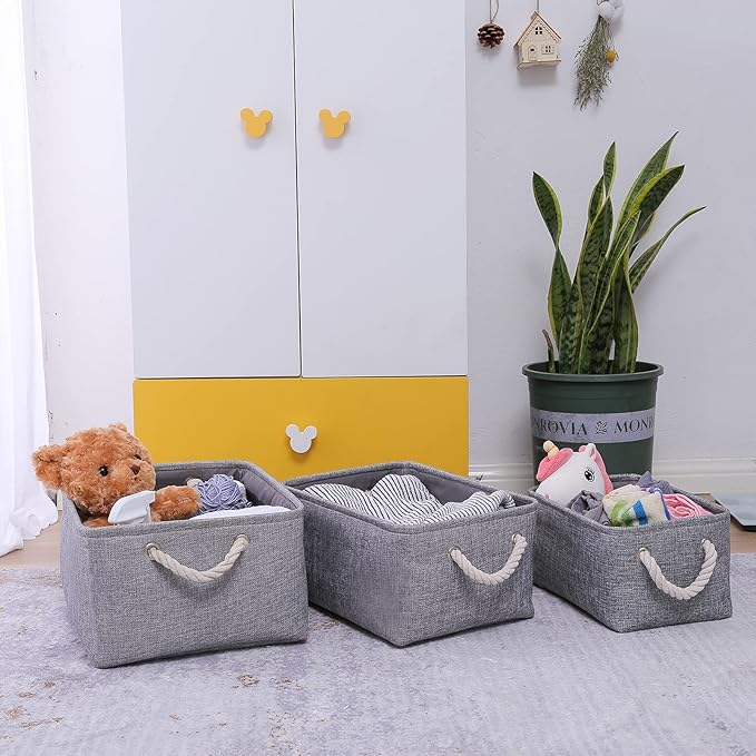 Fabric Storage Basket, Foldable Linen Storage Box for Nursery and Home, Collapsible Canvas Shelf Basket for Wardrobe or Bedroom, Grey