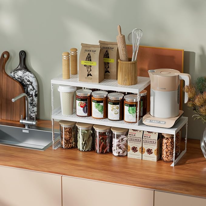 Adjustable Stackable Metal Storage Shelf Organizer - Expandable Wire Rack with Perforations for Kitchen, Pantry, Bathroom, Cabinet & Office-Compact, Durable & Sturdy (1PACK/Medium/White)