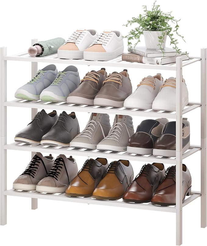BMOSU 4-Tier Bamboo Shoe Rack Premium Stackable Shoe Shelf Storage Organizer for Hallway Closet Living Room Entryway Organizer(White Bamboo)-NeatNest