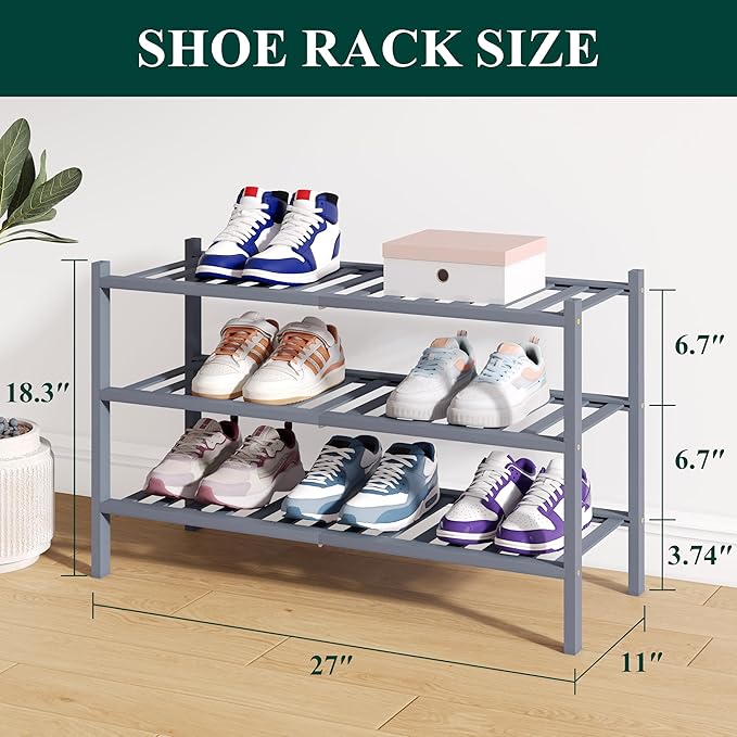 Smiry Bamboo Shoe Rack for Closet, 3 Tier Wooden Stackable Shoe Organizer, Free Standing Shoes Storage Shelf for Entryway, Front Door Entrance, Grey-NeatNest