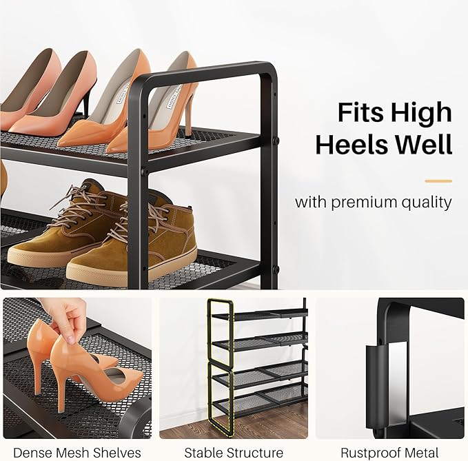 Shoe Rack - Expandable Shoe Organizer for Closet, Adjustable Metal Shoe Shelf Storage, 4 Tier Stackable Long Shoe Stand Holder for Garage, Entryway, Door Entrance, Black-NeatNest
