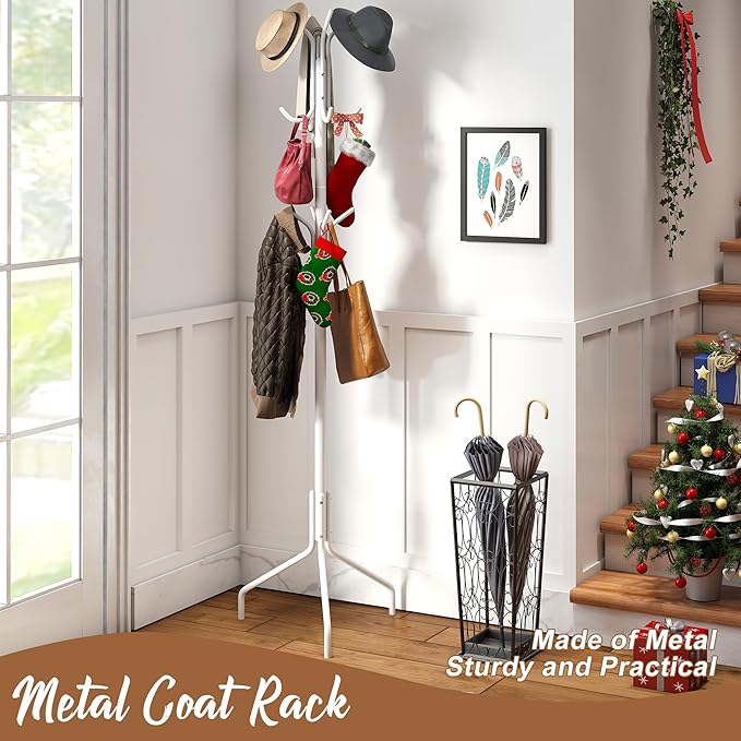 FILWH Coat Rack Freestanding Coat Tree Standing Hat Hanger Jacket Organizer Rack Metal,18.3" L x 18.3" W x 71.5" H,White-NeatNest