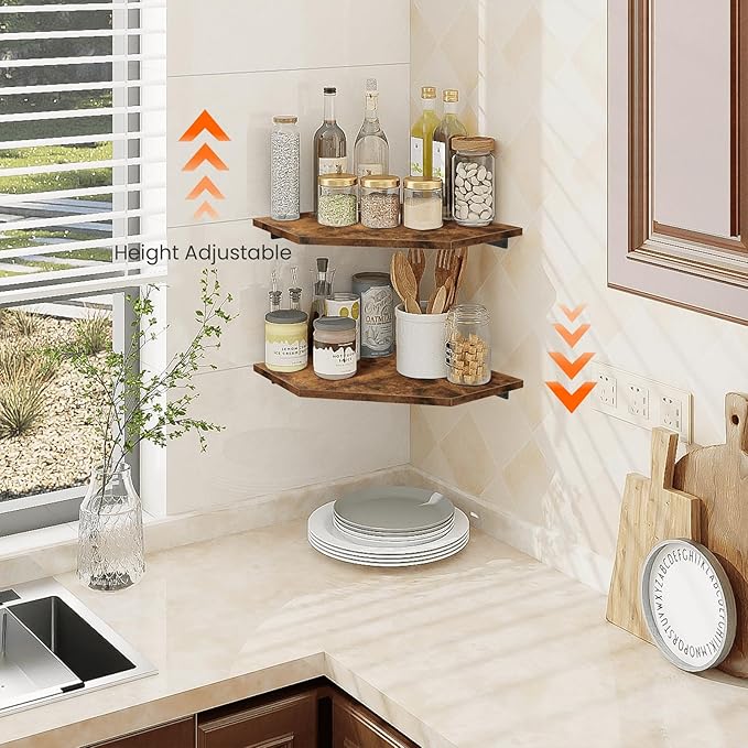 Homode Corner Shelf Wall Mount, Set of 2 Floating Corner Shelf Organizer for TV Accessories, Speaker, Cable Box, Game Console, Storage for Bathroom Kitchen Living Room Bedroom, Rustic Brown-NeatNest