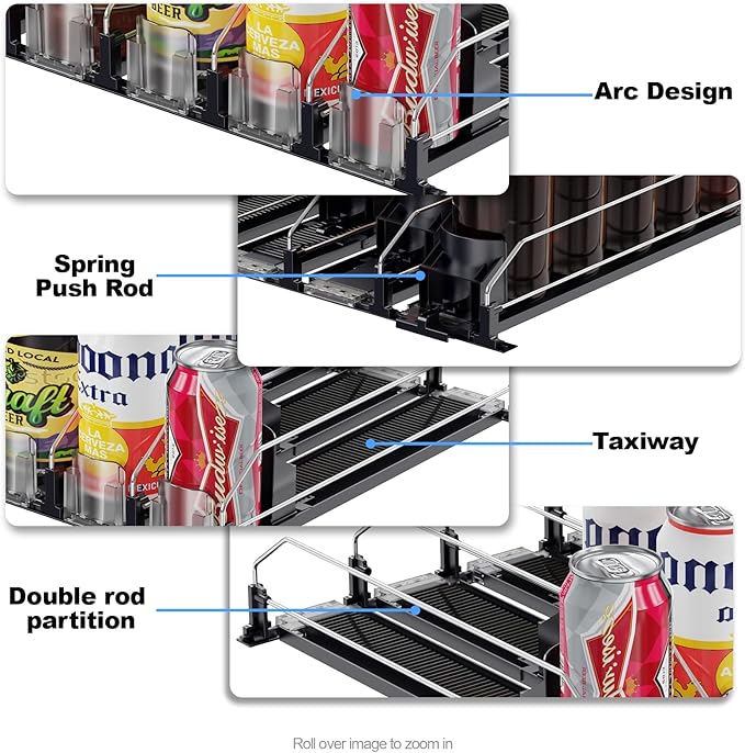 Drink Organizer for Fridge,12oz 16oz 20oz - Soda Can Dispenser for Refrigerator,Width Adjustable,Automatic Pusher Glide (Black, 15"D 4ROW, Holds 20 Cans)