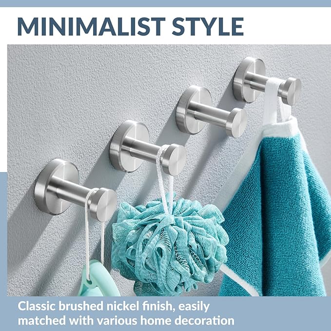 APLusee Brushed Nickel Hand Towel Hook, 4 Pack 304 Stainless Steel Storage Coat Hook, Bathroom Accessories Wall Mounted