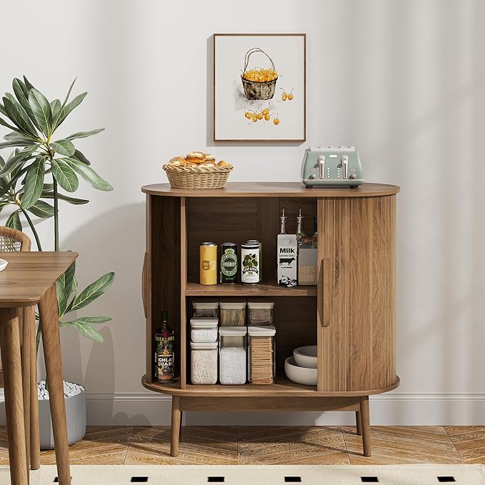 Accent Small Storage Cabine, Buffet Cabinet with Storage, Mid Century Modern Sliding Door Sideboard Cabinet for Kitchen, Entryway (Walnut)