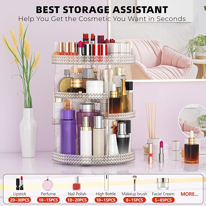 360 Degree Rotating Makeup Organizer, Extra Large Capacity Organizador De Maquillaje, Removable 7 Layers Lipstick Organizer Cosmetic Storage Cases Perfume Organizer for Vanity (Glitter)-NeatNest