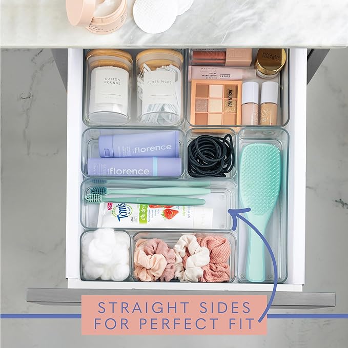 Eight Piecs. Plastic Clear Drawer Organizers for Bathroom, Kitchen, Bedroom, Office Organizer Bins, Storage Trays. Heavy Duty, Stackable 4 Sizes-NeatNest