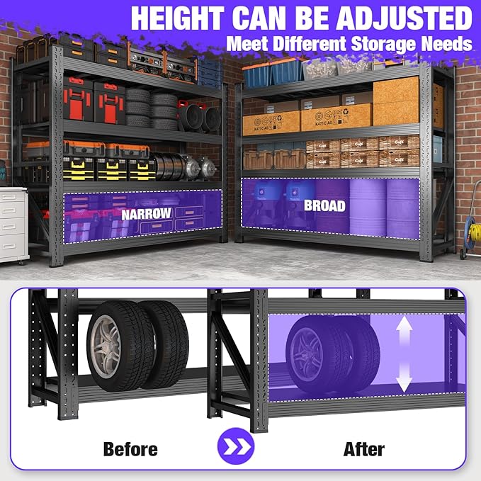 6000LBS Garage Shelving Heavy Duty, 4-Tier 59" W Storage Garage Shelves, Industrial Adjustable Metal Shelving Units for Garages, Warehouses, Kitchen, Black, 59" W x 24" D x 59" H