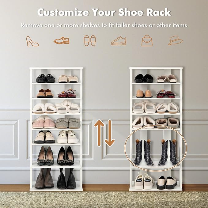COSTWAY 7 Tiers Shoe Rack, Double Rows Vertical Tall Narrow Patented Shoe Organizer, Free Standing Shoe Rack for Small Space, Entryway, Closet, Living Room, Bedroom (White)-NeatNest