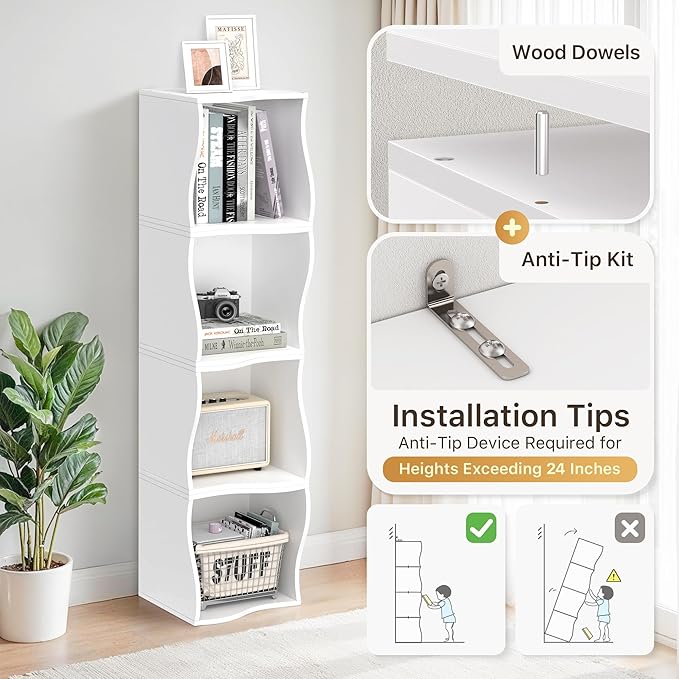 4 Cube Storage Organizer Shelf, Stackable Wooden Bookshelf, Modular Bookcase for Bedroom, Living Room, Office, Study (White)