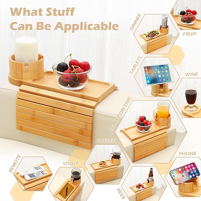 Couch Cup Holder Tray, 15.75" Bamboo Cup Holder for Couch, 3 in 1 Foldable Arm Chair Clip on Side Tray Table for Remote Snack Table on Armrest-NeatNest