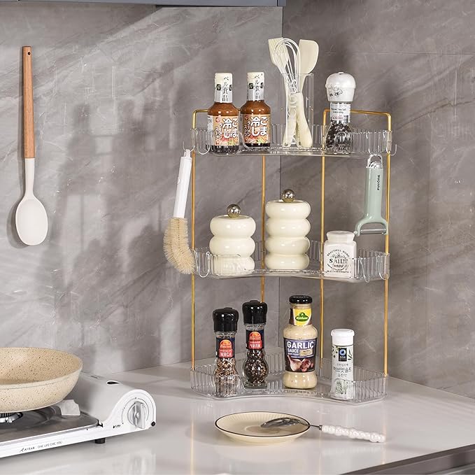3 Tier Plastic Bathroom Counter Organizer with Hooks,Corner Vanity Tray and Makeup Storage Shelf for Sink, Countertop (White Gold)-NeatNest