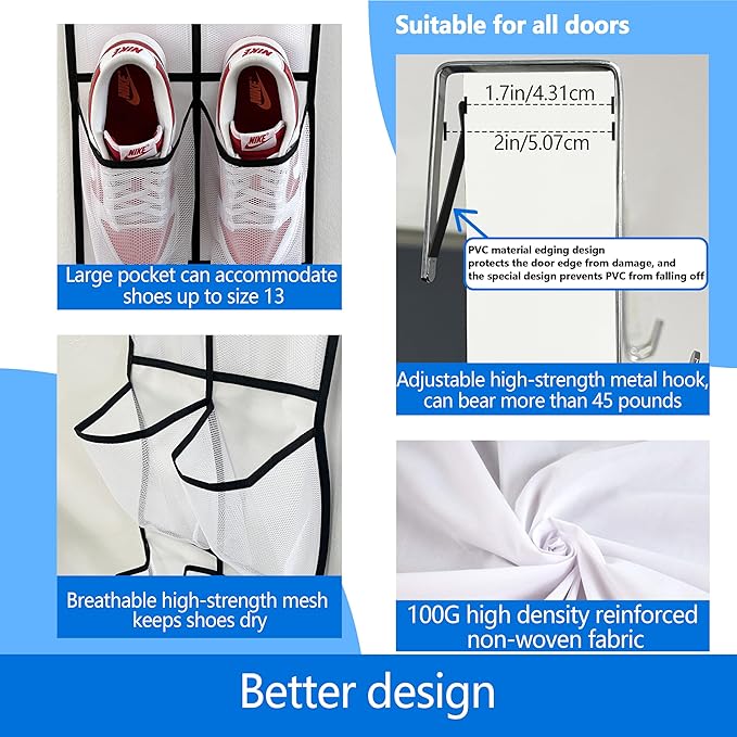 Pack of 2 door shoe organizer, 14 Large Breathable Mesh Pockets,shoe organizer, Hanger Holds Up to 45 lbs for Shoes,New upgrade anti-scratch heavy-duty hooks,White-NeatNest