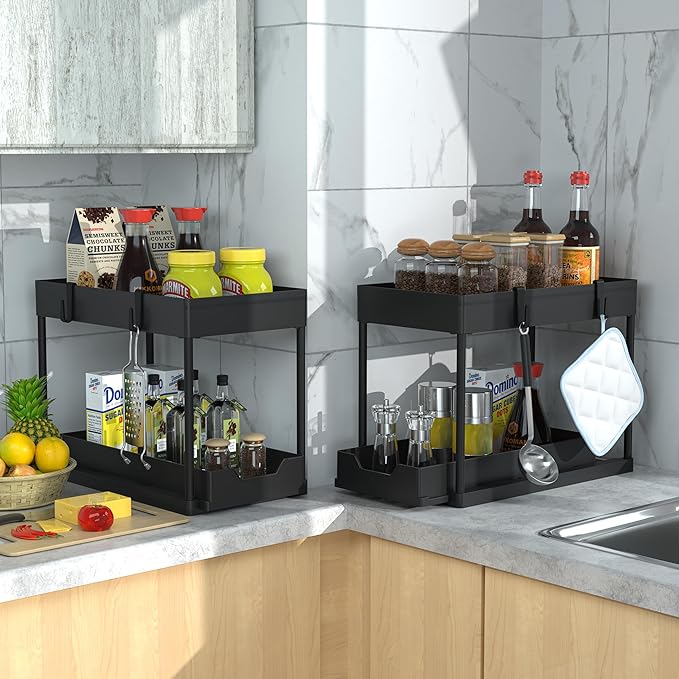 2 Pack Under Sink Organizer, 2 Tier Bathroom Cabinet Organizer with Sliding Basket, Multi-Purpose Under Sink Organizers and Storage for Bathroom Kitchen (Black 2 Pack)-NeatNest