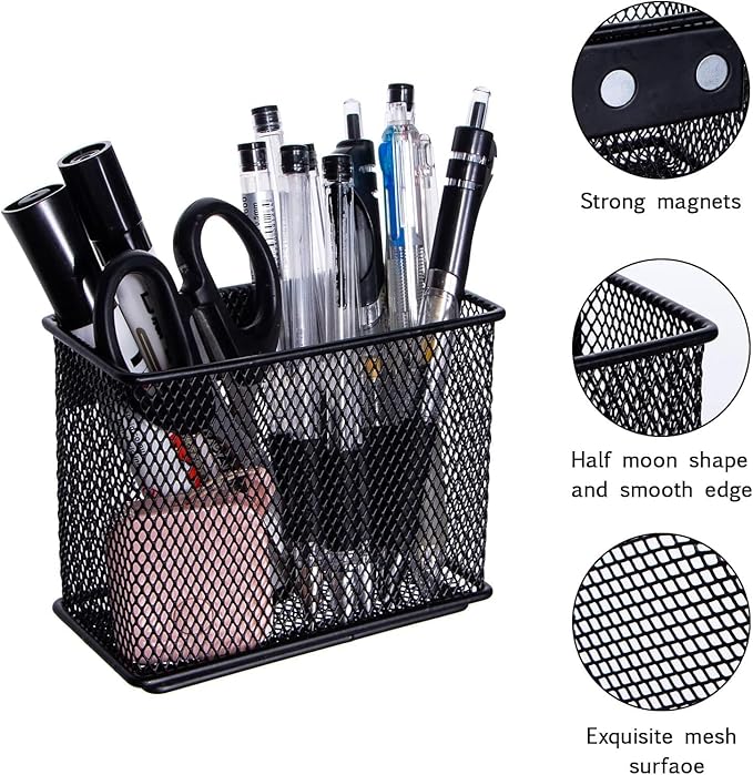 dedoot Magnetic Basket 2 Pack Magnetic Holder Locker Magnetic Pen Holder Magnetic Pencil Holder Strong for Whiteboard Marker, 4.7x2.3x3.7inch Black Mesh Magnetic Pen Holder for Refrigerator Fridge-NeatNest