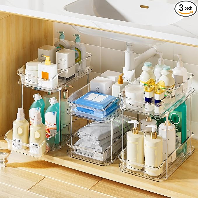 Delamu 3 Pack Bathroom Organizers and Storage, 2 Tier Clear Under Sink Organizer, Pull Out Medicine Cabinet Organizer-NeatNest