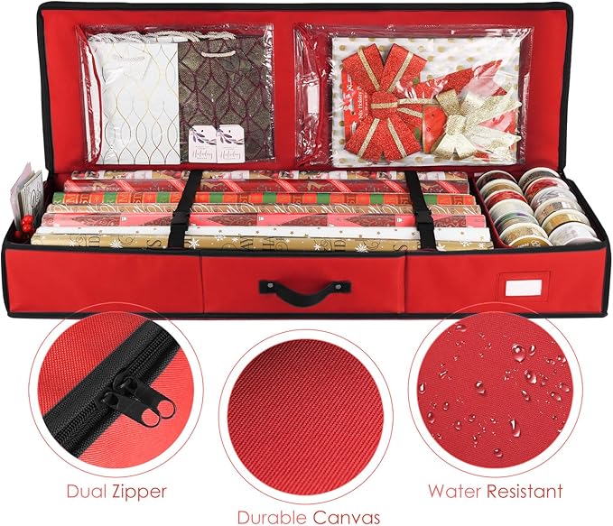 Hearth & Harbor Wrapping Paper Storage Container - Christmas Storage Bag with Interior Pockets - Gift Wrap Organizer Fits Up to 22 Rolls of 40" - Tear Proof, Red-NeatNest