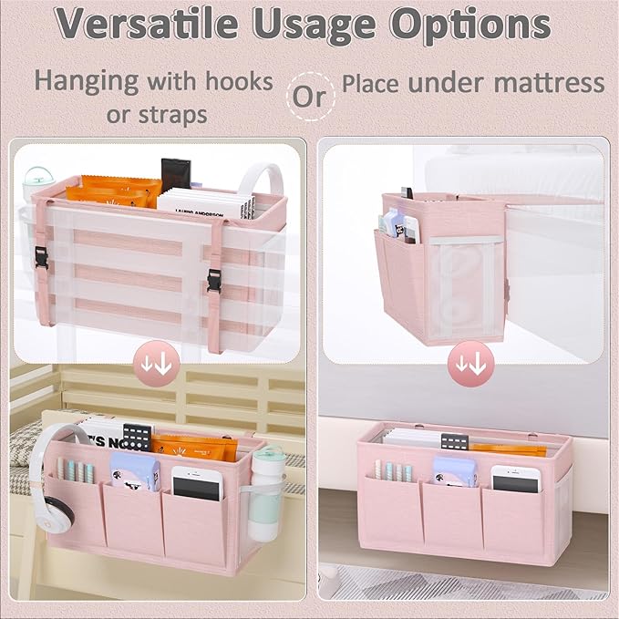 Dual-purpose Bedside Caddy Bedside Organizer, Bed Caddy with 6 Pockets, Versatile Bedside Storage Solution Magazine Remotes holder, ideal for Home, Dorm, Hospital, Crib Bed (Pink)-NeatNest