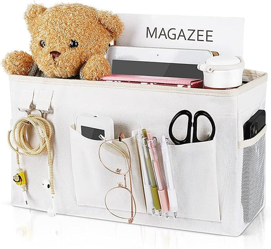 Bedside Caddy Bedside Organizer Hanging Storage Bag for Bunk College Dorm Bed and Hospital Beds with Magazine Water Bottle Phone Holder (White)-NeatNest
