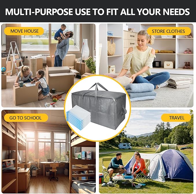 Extra Large Storage Bags Set Heavy Duty Moving Totes with Handles, Waterproof Dual-Way Carrying Design Space-Saving Packing Supplies, Includes 10 Vacuum Seal Bags