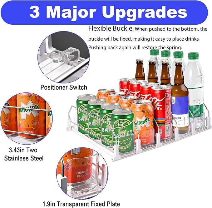 Drink Organizer for Fridge (Adjustable Width), 16.5” D Soda Can Fridge Drink Organizer, Refrigerator Beverage Organizers and Storage, Drink Dispenser Pop Can Holders for Fridge (5 Rows)