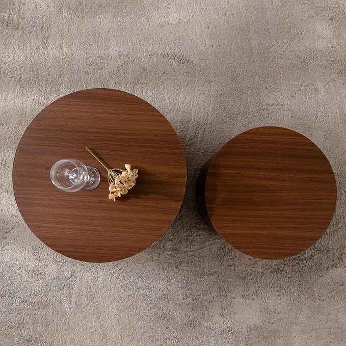Round Nesting Coffee Table Set of 2 Walnut Round Drum Fluted Coffee Tables for Small Space Modern Stacking Nesting Tables Minimalist Circle Center Table 2 Piece for Living Room (Dark Wood)