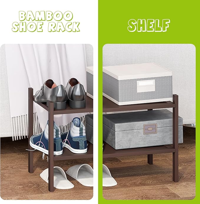 BMOSU 2-Tier Bamboo Small Shoe Rack Premium Stackable Shoe Shelf Storage Organizer for Hallway Closet Living Room Entryway Organizer(Brown)-NeatNest