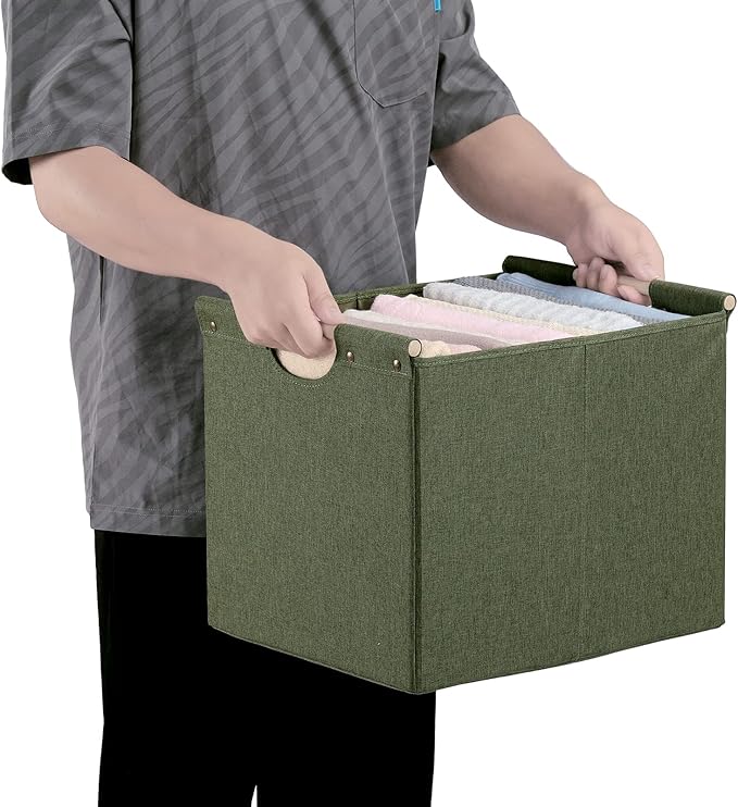 HOONEX Large Collapsible Storage Bins, Linen Fabric, Pack of 2, Storage Baskets with Wooden Carry Handles and Sturdy Heavy Cardboard, for Home, Office, Car, Nursery, Olive