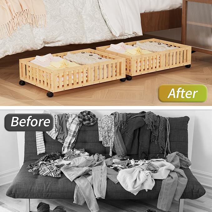 Bamboo Under Bed Storage with Wheels (2-Pack) – Rolling Underbed Shoe Organizer Box for Shoes, Blankets, Toys, Clothes Container Space-Saving Organizer Bins for Bedroom, Closet, Dorm, Nursery-NeatNest