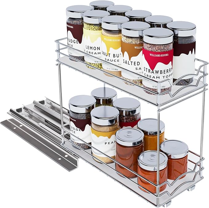BBV Spice Rack Organizer, Double layer Seasoning Organizer for Cabinet Countertop, Kitchen, Pantry, Sliding Metal Chrome Spice Organization (5 inch)-NeatNest