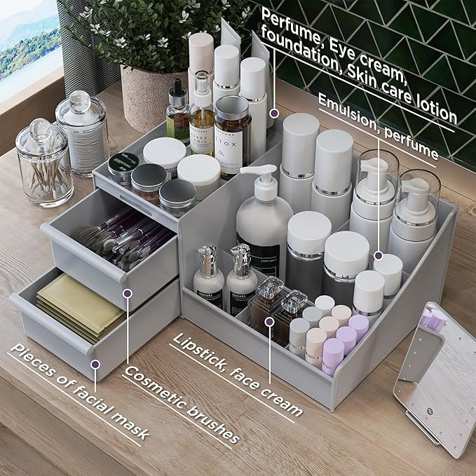 Makeup Organizer Countertop, Vanity Organizer with Drawers for Cosmetics, Skincare, Brushes, Perfume, Skincare Organizer for Vanity, Perfume Organizer for Dresser, Bathroom (Grey&2 Drawers)-NeatNest
