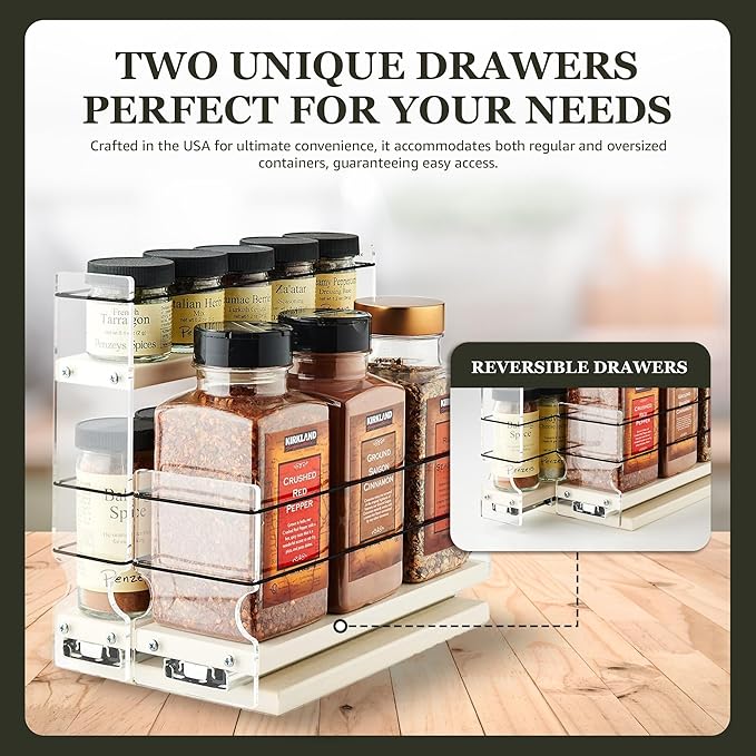 Vertical Spice Combo Spice Rack Drawer - Pull Out Pantry Organizers and Storage - Kitchen Cabinet Organizer - Seasoning Sliding Caddy - Made in USA (5.75" W x 9.25" H x 10.60" D, Assembled)