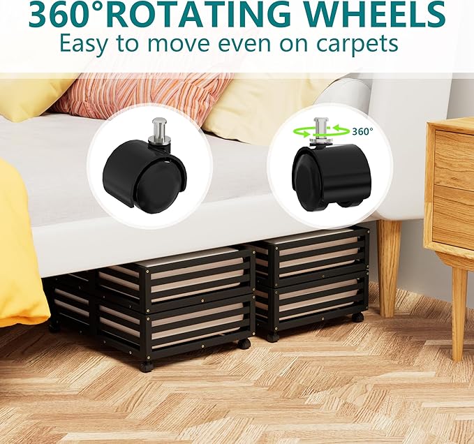 Bamboo Under Bed Storage Containers- Underbed Organizer with Wheels with Large Dust Bag,Sturdy Wood Rolling Under the Bed Shoe Storage Organizer Drawer 2 Pack-NeatNest
