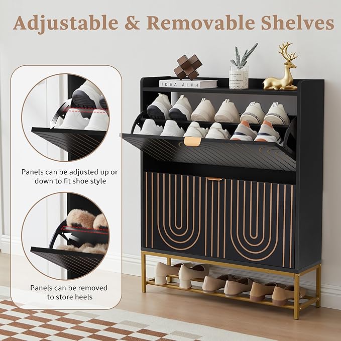 LEVNARY Narrow Shoe Storage Cabinet Set of 2, Mid-Century Modern 2-Tier Wooden Shoe Rack Organizer with Carving Lines, Freestanding Hidden Shoe Cabinet for Entryway Hallway Foyer (2, Black)-NeatNest