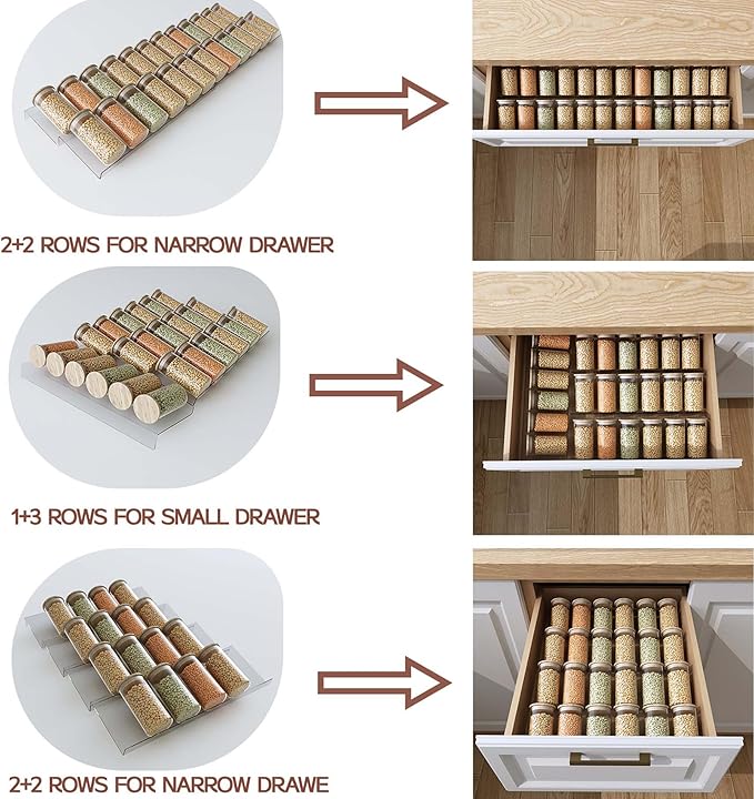 Drawer Organizer Set,4 Tier- 8 Pack Acrylic Seasoning Organizer, Spice rack Organizer for Cabinet , Makeup Organizer,Expandable From 13'' to 26'' Trays with Angled Dividers for Vanity Drawer,Bathroom
