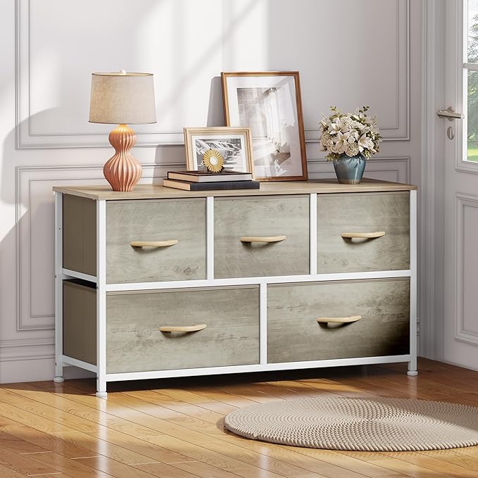 DWVO Wide Chest of Drawers, Dresser with 5 Drawers, Oak Grain Fabric Storage Tower, Dresser for Bedroom with 5 Drawers, Living Room, Closets - Sturdy Steel Frame, Wooden Top-NeatNest