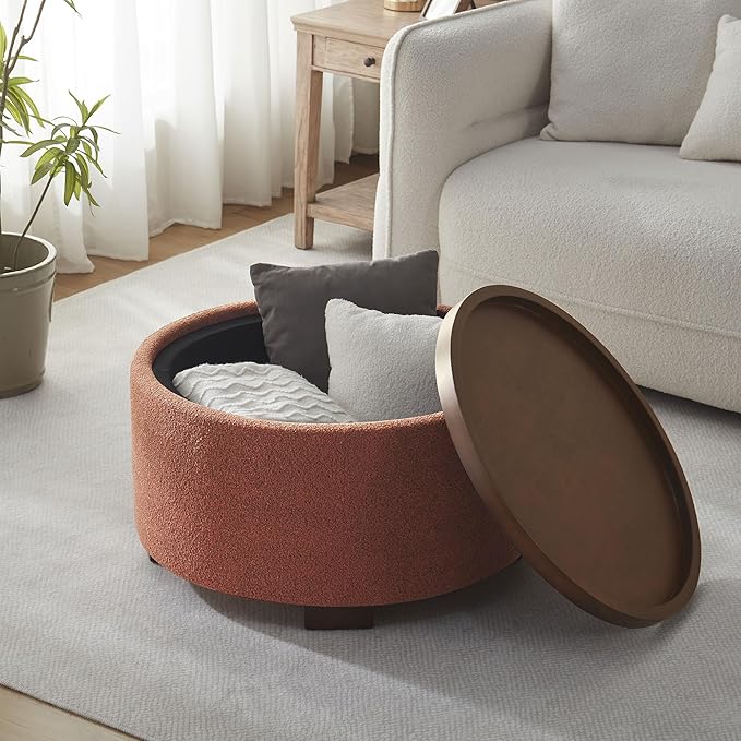 30 Inch Round Storage Ottoman Coffee Table, Modern Boucle Ottoman with Lift-Off Lid and Solid Wood Legs for Living Room, Bedroom, Corners, Apartments (Orange)