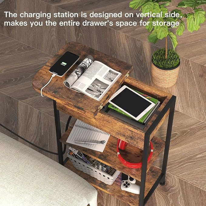 LIDYUK Set of 2 Brown End Tables with Charging Station, Narrow Side Tables for Small Spaces, Nightstands, Living Room, Brown