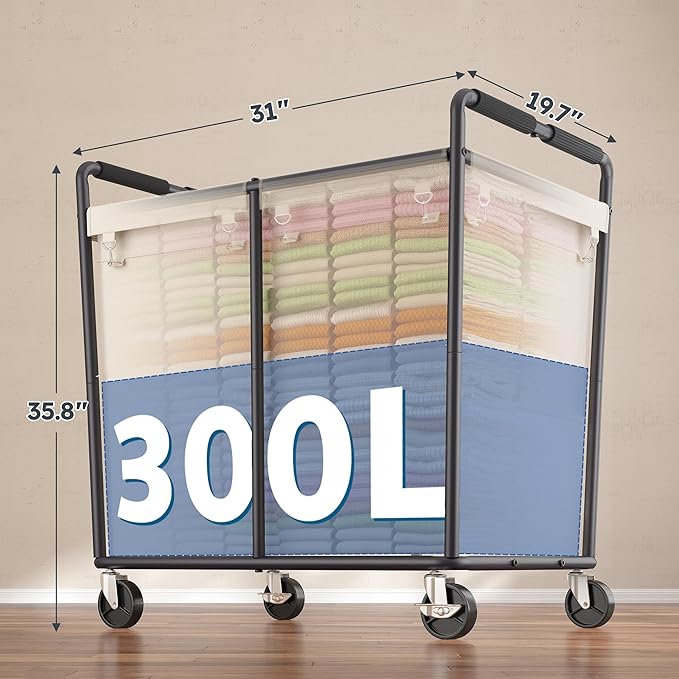 Laundry Basket with Wheels Large Rolling Hamper 300L Heavy Duty Laundry Cart with Handle Durable Clothes Hamper with Steel Frame for Laundry Bedroom, Cream White