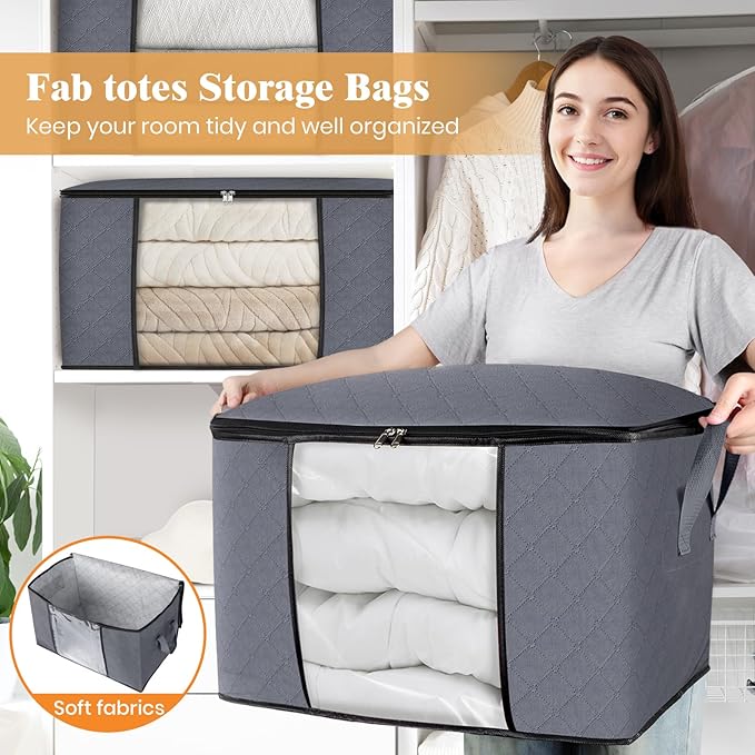 Fab totes 90L Clothes Storage, Foldable Thick Fabric Blanket Storage Bags, Containers for Organizing Bedroom, Closet, Clothing, Comforter, Organization with Handle (8 Pack,Grey)-NeatNest