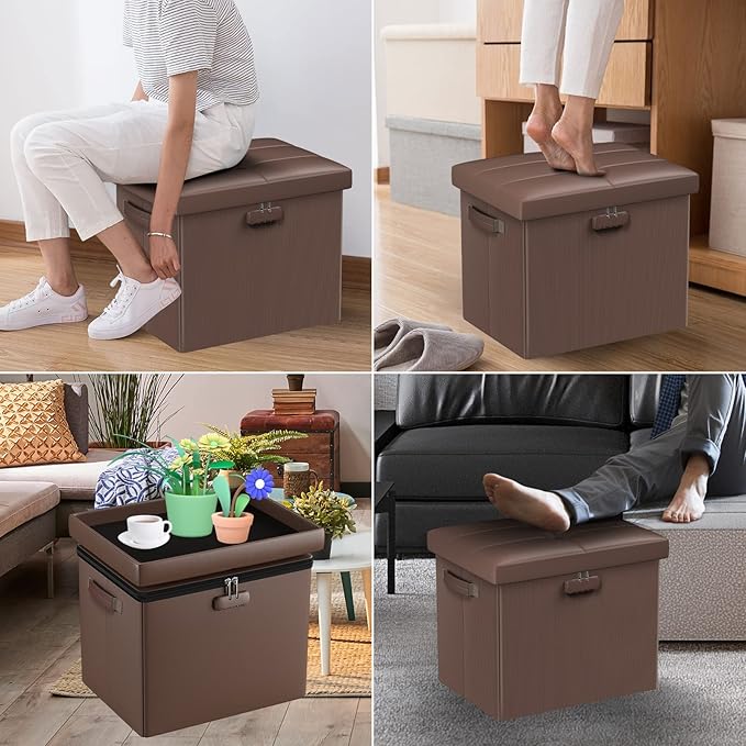 DocSafe Storage Ottoman Foot Rest Stool with Lock & Handle, Fireproof Folding Leather Footstool Bench with Storage Safe for Living Room Bedroom, Home Office, Dorm, 17x13x13in, Brown-NeatNest