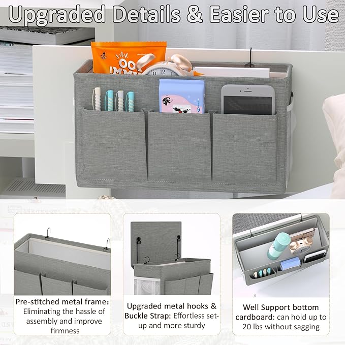 Dual-purpose Bedside Caddy Bedside Organizer, Bed Caddy with 6 Pockets, Versatile Bedside Storage Solution Magazine Remotes holder, ideal for Home, Dorm, Hospital, Crib Bed (Grey 2pcs)-NeatNest