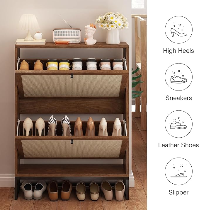 AVZEAR Freestanding Shoe Organizer with 2 Flip Drawer Doors, Entryway & Closet Shoe Storage, Linen Doors, Walnut-NeatNest