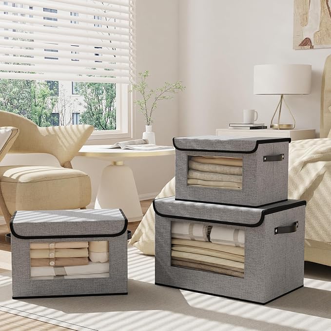 Fabric Basket with Lid, 3-Pack Decorative Linen Closet Organizers Bins, 15 x 9.8 x 9.8 inch Storage Containers for Shelves, Cubes with Handles, Gray